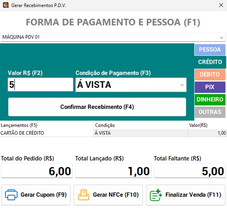 Tela do módulo de recebimento e frente de caixa da Atentor
