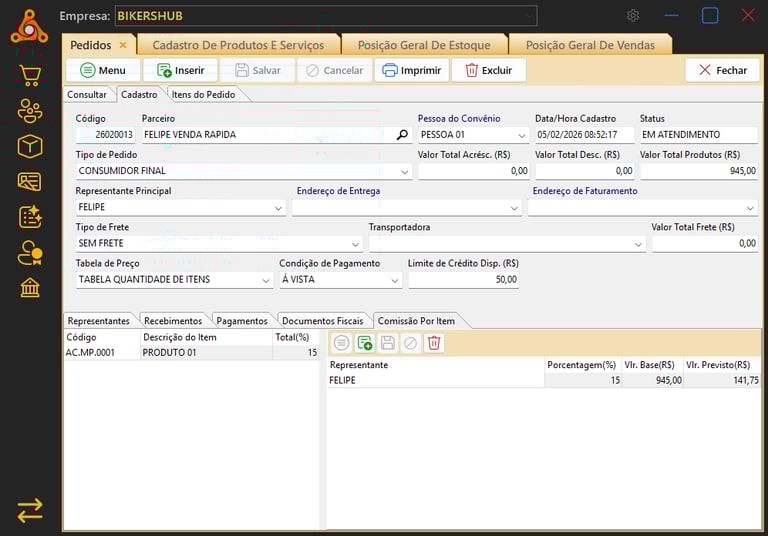 Tela de gestão de pedidos e ordem de serviço do sistema Atentor